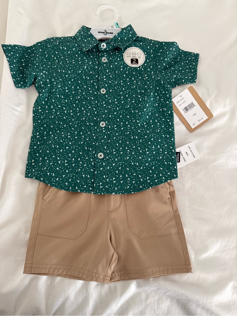 Eddie Bauer Green Patterned Button-Up Shirt with Tan Shorts